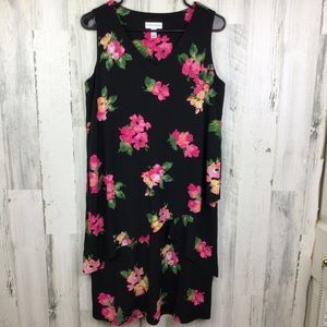 SUSAN GRAVER Black Colorful Floral Stretch Liquid Knit Dress Hawaiian Midi S.